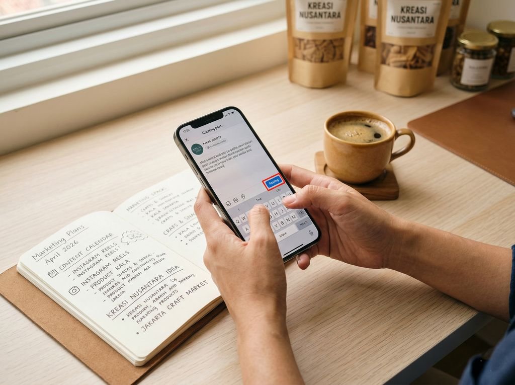 Ilustrasi tangan sedang mengetik caption di smartphone dengan latar belakang grafik pertumbuhan interaksi media sosial yang meningkat.