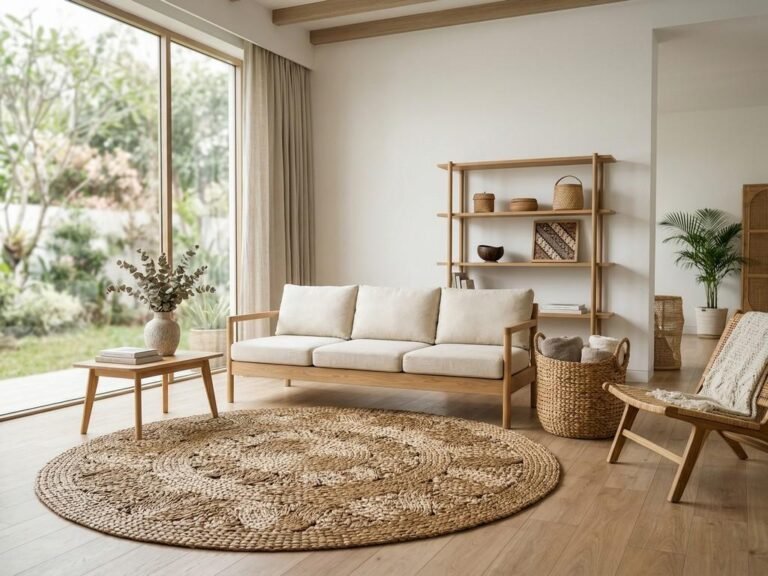 Deretan kursi dan keranjang dari anyaman eceng gondok yang tertata rapi di ruangan minimalis.