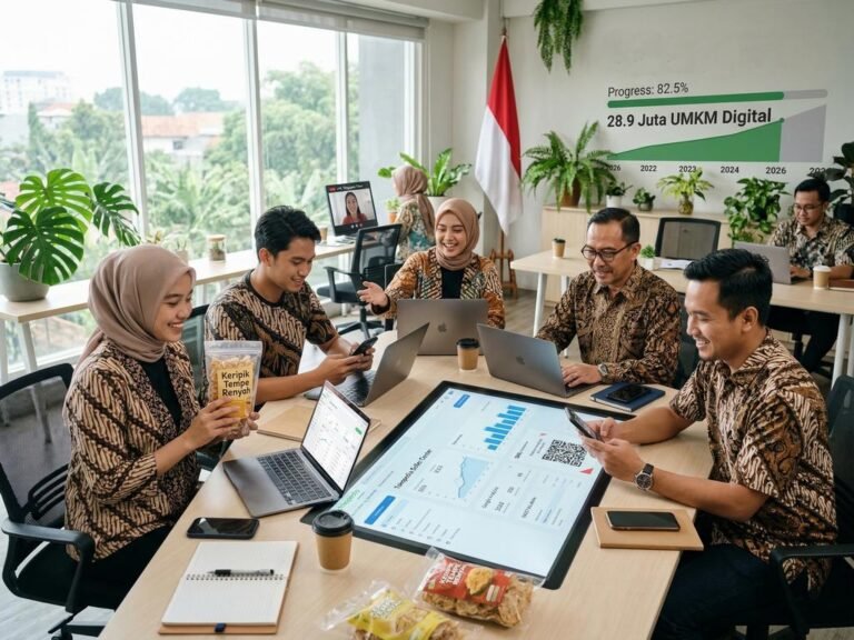 Pelaku UMKM menggunakan aplikasi kasir digital di pasar tradisional 2026.