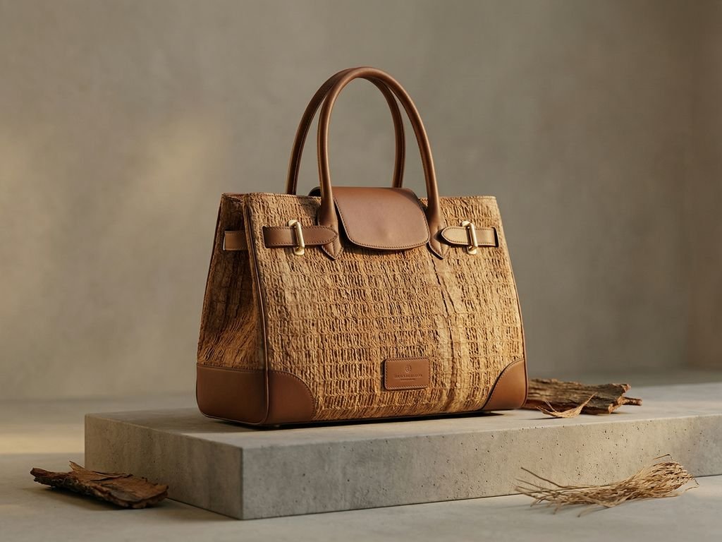 Tas Noken Papua yang didesain modern dengan latar belakang hutan tropis yang asri.