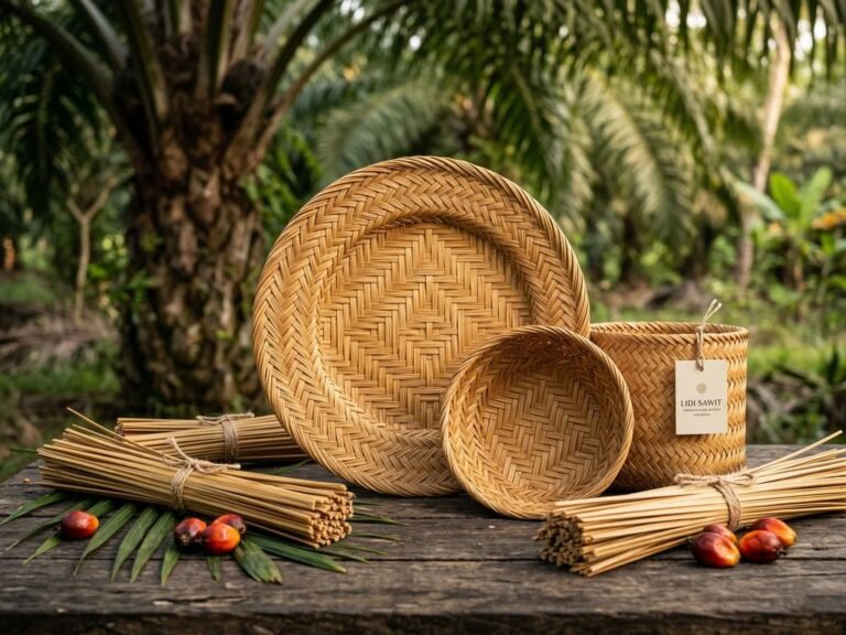 Anyaman piring lidi sawit berkualitas ekspor dengan latar belakang perkebunan kelapa sawit yang asri.