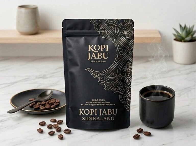 Kopi Jabu Sidikalang dalam kemasan modern minimalist stand up pouch, warna hitam matte.