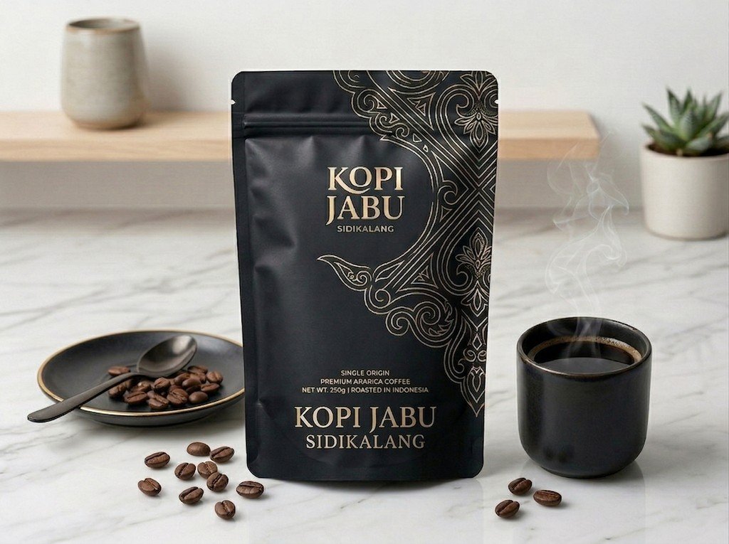Kopi Jabu Sidikalang dalam kemasan modern minimalist stand up pouch, warna hitam matte.