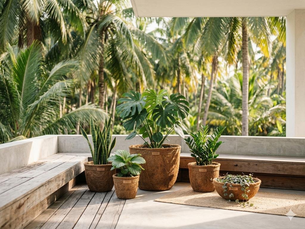 Pot tanaman organik dari sabut kelapa (cocopot) dengan berbagai ukuran, disusun estetik di rak kayu.