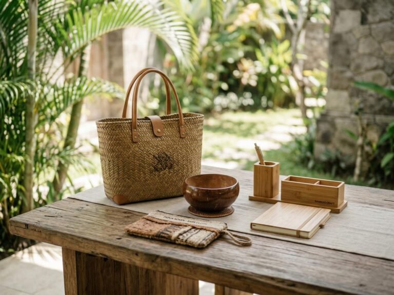 Koleksi produk kerajinan tangan UMKM Indonesia dari serat alam dan kulit kayu yang disusun estetis.