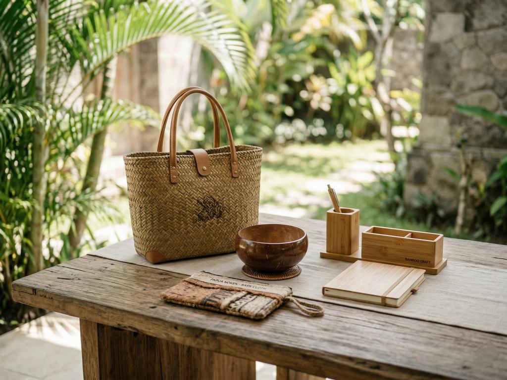 Koleksi produk kerajinan tangan UMKM Indonesia dari serat alam dan kulit kayu yang disusun estetis.