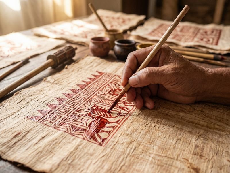 Detail serat kulit kayu Khombow dengan lukisan motif tradisional Papua yang sangat artistik.