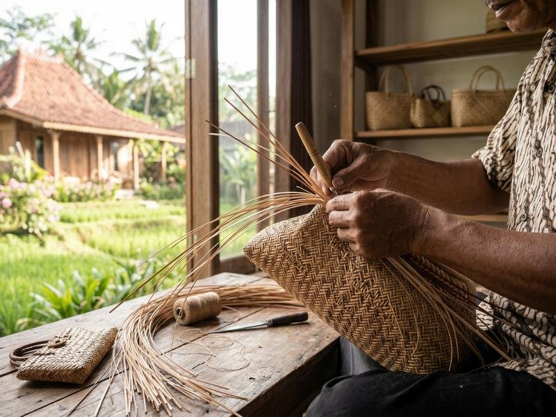 Proses pengayaman serat mendong oleh perajin lokal dengan latar belakang pedesaan Jawa.