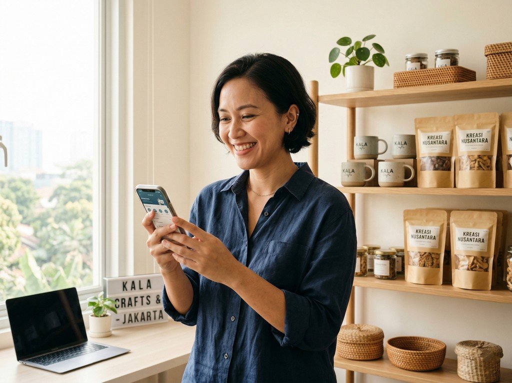 Seorang pelaku usaha muda sedang tersenyum optimis melihat smartphone di depan produk usahanya, menunjukkan keberhasilan konten media sosial.