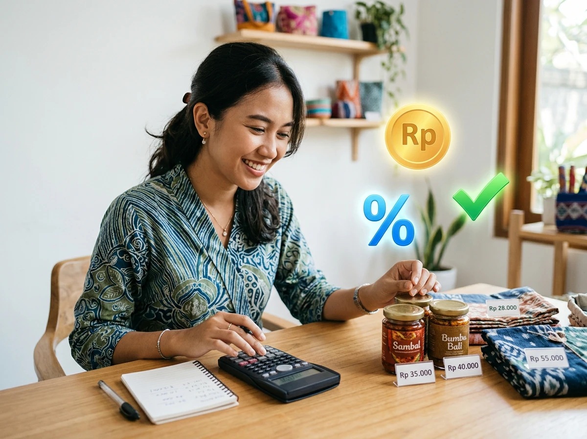 Ilustrasi pemilik UMKM menghitung harga jual produk yang tepat dengan kalkulator