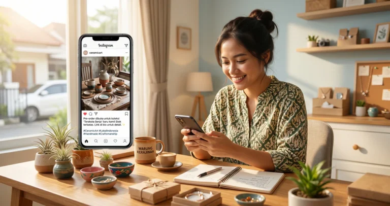 Pemilik UMKM perempuan tersenyum sambil membuat caption Instagram di smartphone untuk jualan online