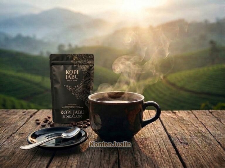 Cangkir kopi hitam dengan latar belakang pegunungan Sidikalang yang berkabut.