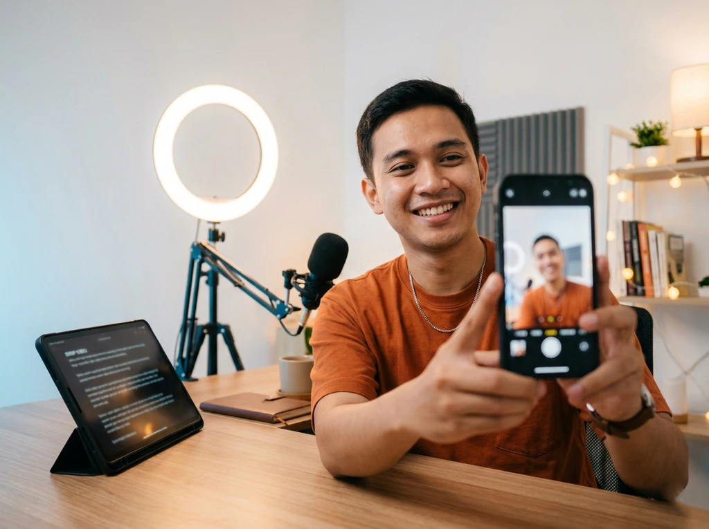 Kreator konten UMKM membuat video promosi dengan bantuan script yang sudah siap pakai