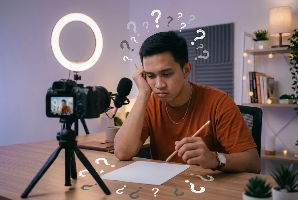 Ilustrasi kreator konten bingung karena tidak tahu mau nulis script video apa