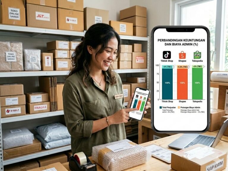 Pemilik UMKM Indonesia menghitung keuntungan bisnis online dengan cerdas.