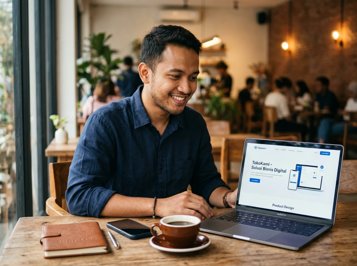 Pengusaha muda Indonesia membuat landing page produk yang profesional menggunakan laptop di kafe