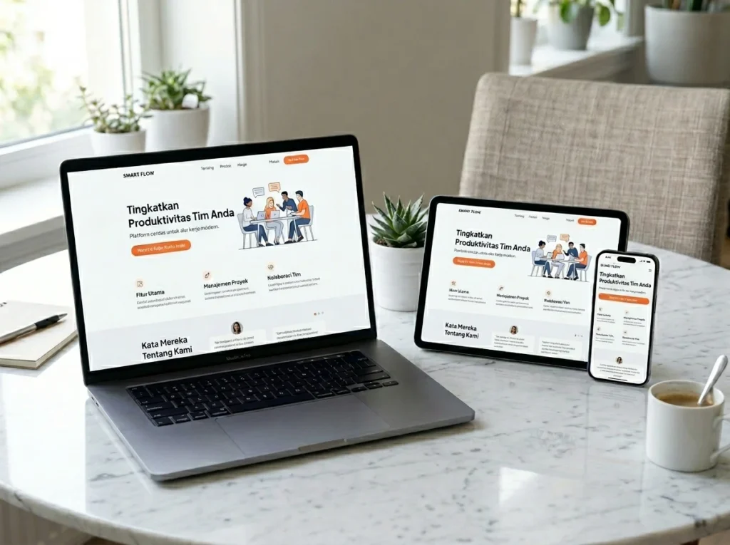 Tampilan landing page produk yang responsif dan konsisten di berbagai perangkat: laptop, tablet, dan smartphone
